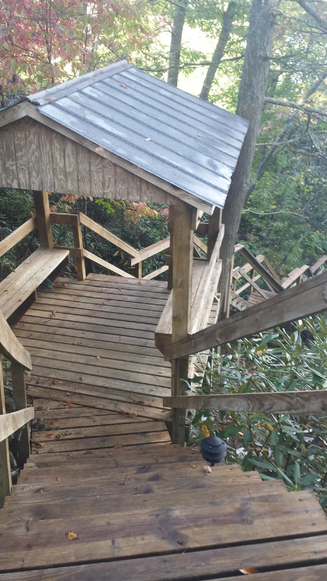Metal roofed shelter over wooden steps on a wooded walkway — Skylight Repair & Installation work by our crew in Coyle